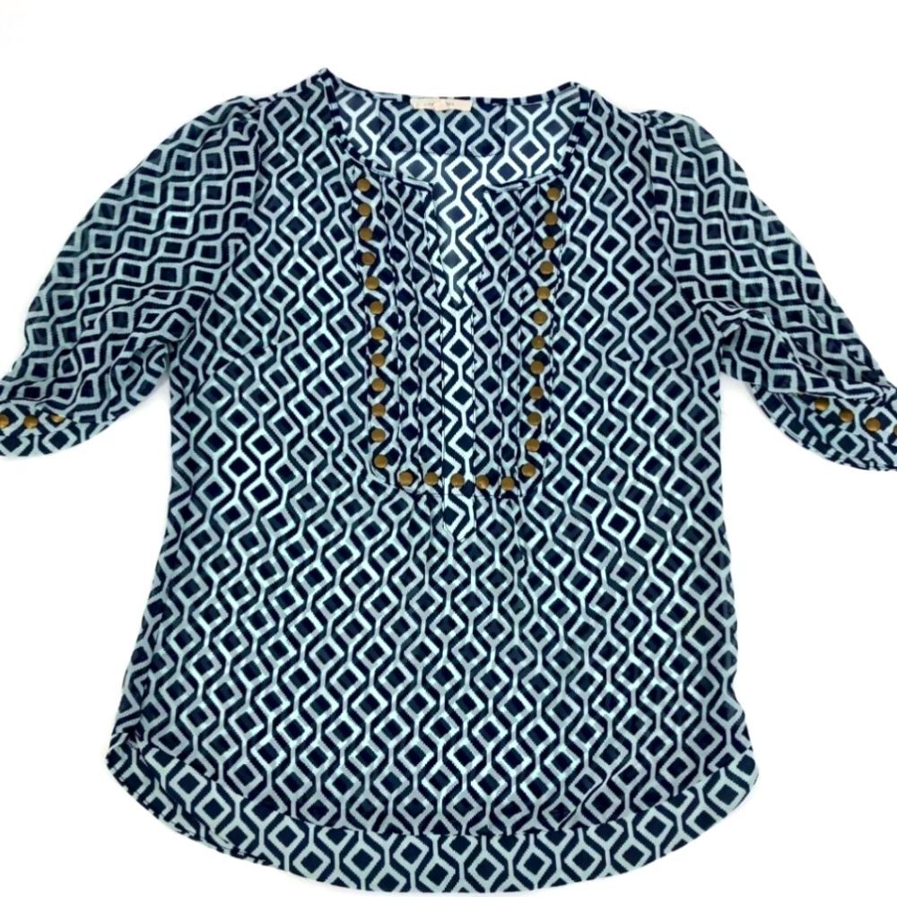 41 HAWTHORN Dark Blue and White Graphic V-Neck 3/4 Sleeve Top SZ Large